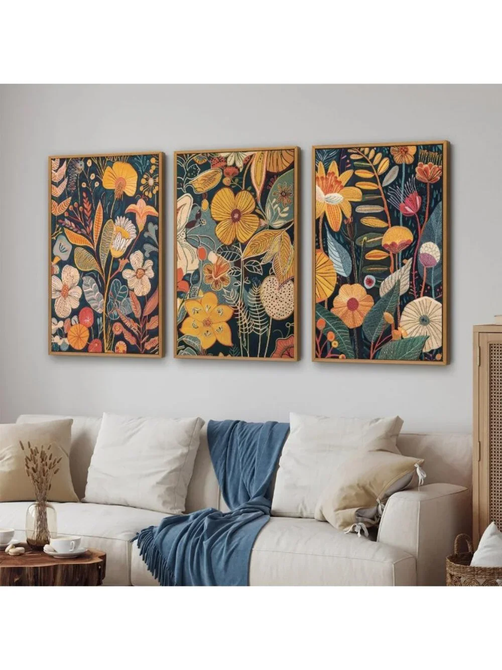 Set of 3 Orange Floral Canvas Wall Art - Mid Century Modern Boho Decor, 16x24